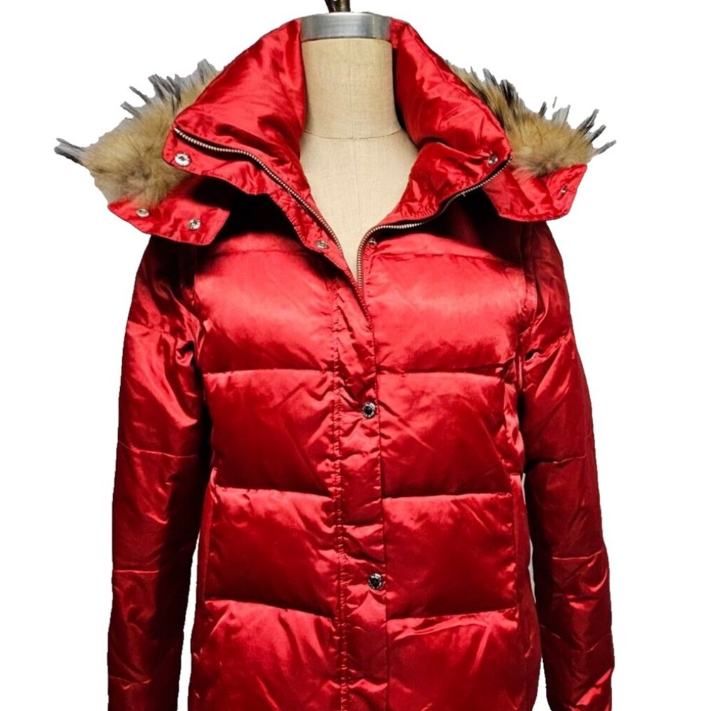 Marc Convertible Red Satin Fur Down Jacket w/ Removable Sleeves Vest Size XL let